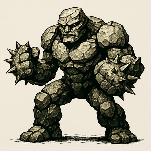 un golem de piedra listo para pelear con puños con puas ultra realista.
In-Game asset.  2d.  High contrast.  No shadows