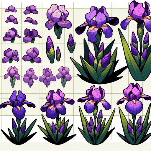 A sprite sheet of different purple iris seen from above. Cartoon. All similar size. Just the blossom. Bold colors and shading. 
Single Game Texture. In-Game asset. 2d. Blank background. High contrast. No shadows.