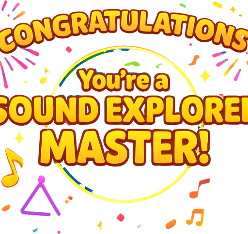 A bright and colorful 2D cartoon-style “Congratulations” screen for a mobile music game. The background should feature festive elements like fireworks, sparkles, confetti, and a glowing Earth or map. At the center, include a large golden text that says “World Tour Complete!” or “You’re a Sound Explorer Master!” in playful, bold font. The scene should feel rewarding and musical, with subtle music notes or instrument icons around the background. Export as a wide 1920x1080 PNG, with no UI buttons or overlays..
In-Game asset.  2d.  High contrast.  No shadows