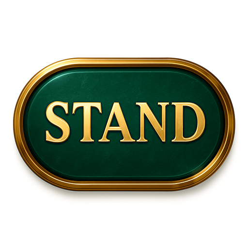 Crea un asset visual para el botón 'STAND' (Plantarse) para la mesa de Blackjack de lujo.

Objetivo: Un botón claro y elegante que permita al jugador finalizar su turno, coherente con la opulencia del casino.

Diseño:

Forma: Óvalo o rectángulo con bordes suaves, prominente y fácil de pulsar.

Texto Central: La palabra 'STAND' (o 'PLANTARSE') en mayúsculas, con tipografía audaz, limpia y elegante de casino.

Color: Base en un color que contraste con 'HIT' y 'DEAL' pero mantenga la elegancia. Considera un verde esmeralda profundo o un azul zafiro, con acabado metálico o pulido.

Borde: Un borde brillante en dorado o plateado.

Efectos (si Upit lo permite):

Sutil efecto de relieve o biselado para darle profundidad.

Un ligero brillo o resplandor que lo haga destacar.

Textura que simule metal pulido o un material lujoso.

Fondo: Asset independiente con fondo transparente.

Sensación: Debe transmitir decisión, control y la profesionalidad del juego..
In-Game asset.  2d.  High contrast.  No shadows