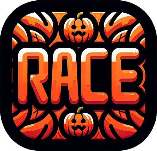 button that says race in orange, black outline of the letters. high contrast. has a pumpkin on it square button with rounded corners
Single Game Texture. In-Game asset. 2d. Blank background. High contrast. No shadows. png background
