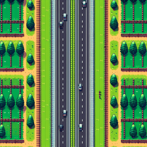 Top-down seamless vertically scrolling background for an endless driving game, central road with 3 lanes, side grass, trees, and fences, pixel art style, 512x1024 resolution".
Single Game Texture.  In-Game asset.  2d.  Blank background.  High contrast.  No shadows
