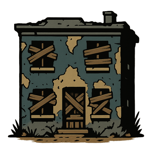 Abandoned building that’s boarded up.
In-Game asset.  2d.  High contrast.  No shadows