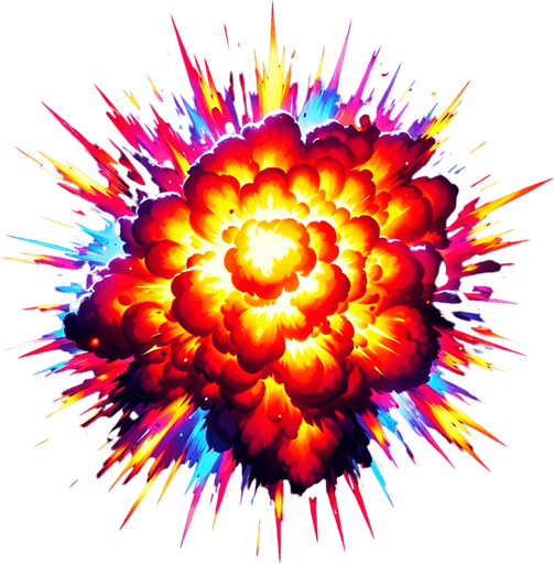 A realistic looking explosion, viewed from above. Bright coloured fire
Single Game Texture. In-Game asset. 2d. Blank background. High contrast. No shadows.