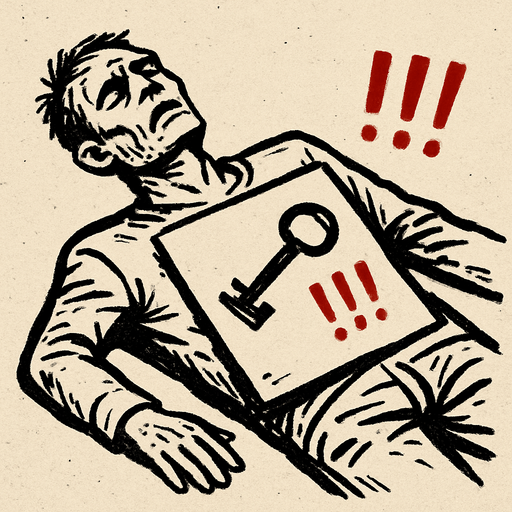 a drawing pic by pen about a dead body have paper on his stomach have key painting and "!!!" beside it, red color of "!!!".
In-Game asset.  2d.  High contrast.  No shadows