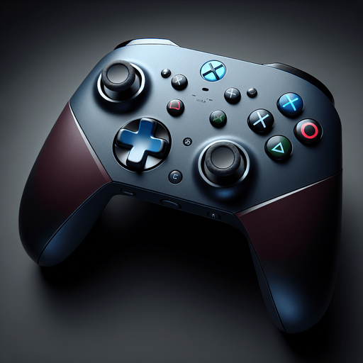 A sleek game controller inspired by a PlayStation design, viewed from a front perspective. On the left side, there is a cluster of four directional arrow buttons arranged in a cross pattern. On the right side, four distinct circular buttons are arranged in a diamond shape, each with a unique symbol: a blue button with a simple 'X', a red button with a 'O', a green button with a triangle, and a pink button with a square. The controller itself is ergonomic, with a clean and modern design, featuring a matte black surface and subtle accents for a polished and professional gaming aesthetic..
Single Game Texture. In-Game asset. 2d. Blank background. High contrast. No shadows.