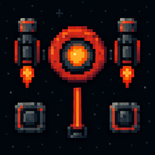 Модульный босс с телом круга рекетницами по бокам и лазером по середине все отдельно пиксельный вид сверху космос.
In-Game asset.  2d.  High contrast.  No shadows