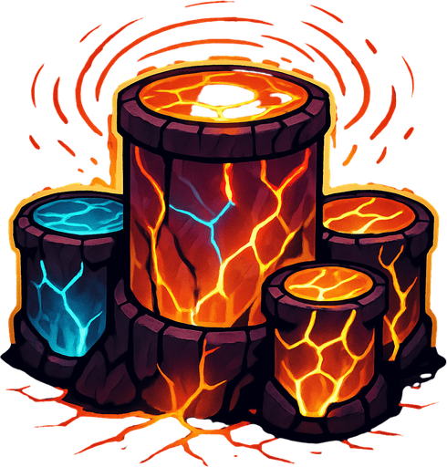 Una estructura imponente, como una batería gigante, con tambores hechos de cristales vibrantes o rocas volcánicas incandescentes. Podría tener vetas de energía luminosa (magma, hielo o electricidad) recorriendo su superficie, y un aura de pulsaciones rítmicas visibles. La base podría estar agrietada por la energía que emana..
In-Game asset.  2d.  High contrast.  No shadows