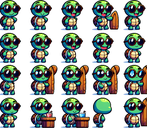 A spritesheet with a number of poses of an happy little turtle with strong eye-glasses, carrying a vertically oriented surfboard,, smiling, walking, waiting, standing, ordering, turning, etc. all seen from the side.The spritesheet should be laid out in a rectangular grid with clear space between each individual sprite. Each sprite in the sheet should be around 300x600 pixels in size.
Single Game Texture. In-Game asset. 2d. Blank background. High contrast. No shadows.