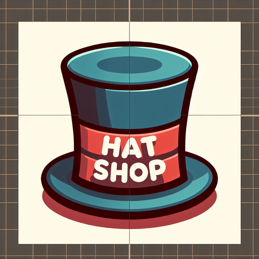 A SVG that says “Hat Shop” on top of a top hat.
Single Game Texture.  In-Game asset.  2d.  Blank background.  High contrast.  No shadows