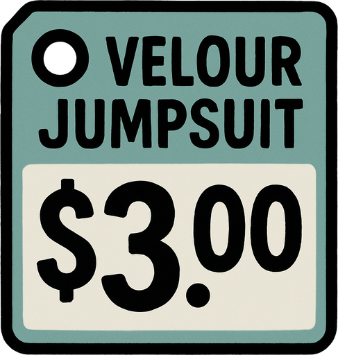 Price tag that says velour jumpsuit $3.00.
In-Game asset.  2d.  High contrast.  No shadows