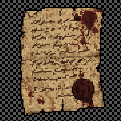 Create a pixel-art item of an old, mysterious letter for a horror-themed 2D game. The letter should be a yellowed, slightly torn piece of parchment with faded ink handwriting on it. Include smudges, old blood stains, or water damage for a haunting effect. The handwriting should look rushed or distressed. Fold marks or a wax seal (partially broken) can be added as details. It should look like something found in an abandoned house or crypt. PNG format with transparent background, suitable for inventory or collectible items..
In-Game asset.  2d.  High contrast.  No shadows