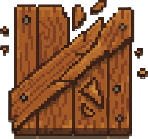 Vista cenital de una baldosa de puerta de madera destruida, aislada, vista desde arriba, estilo pixel art 2D para videojuego, textura continua y repetible, sprite de 32x32. Sin manija, sin marco, sin bisagras. Tablones de madera rotos, astillas y clavos decorativos dispersos. Vetas de madera estilizadas. Alto contraste, arte estilo hecho a mano. Sin sombras. Sin fondo..
In-Game asset.  2d.  High contrast.  No shadows