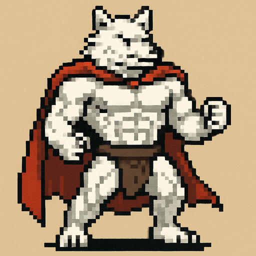 Lobo blanco fuerte revelando sus pectorales pero usando una capa y un taparrabos, que se vea todo su cuerpo y pixelado.
In-Game asset.  2d.  High contrast.  No shadows