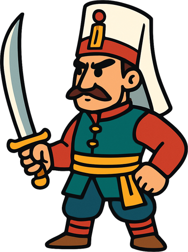 Animasyon çizgi dizi tarzında elinde kılıç olan bir osmanlı yeniçerisi.
In-Game asset.  2d.  High contrast.  No shadows