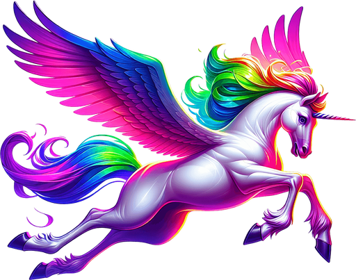 Flying unicorn fullbody sideview.
Single Game Texture. In-Game asset. 2d. Blank background. High contrast. No shadows.