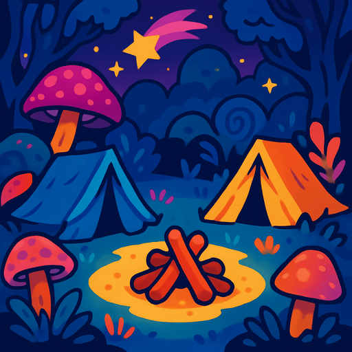 camp area. world imagination. magical. wood of fire but without fire on the middle of the screen.
In-Game asset.  2d.  High contrast.  No shadows