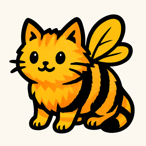Chat (animal) a la fourrure couleur abeille et avec des ailes.
In-Game asset.  2d.  High contrast.  No shadows