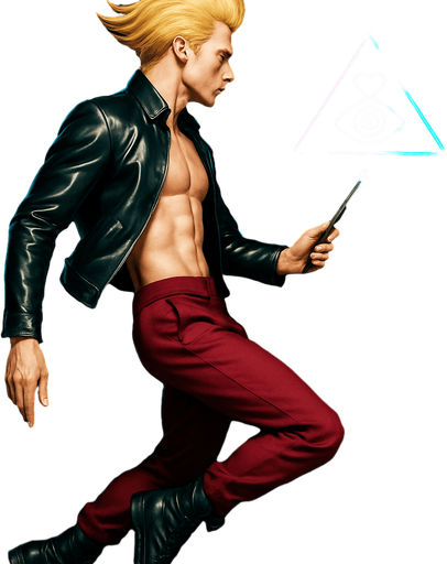 Swishy graceful man Cyberpunk manga, side profile view, flying flight levitation magic spell action shot shiny black leather biker jacket longsleeves shirtless Skinny abs blonde pompadour guy, dynamic motion lifting off ground wine red joggers combat boots, gemstone tipped magic wand heart triangle eye sigil hologram 3d neon, tilting forward legs relaxed toes pointed arms relaxed at sides, Background removed, "Full-body character, entirely in frame, no cropping of face, head, or feet" "Complete character visible, from head to toe, fully centered in the image" "Entire character, including face and boots, fully within the frame" Character fully contained within a square frame, no edges cut off fashion model pose style of Vogue magazine