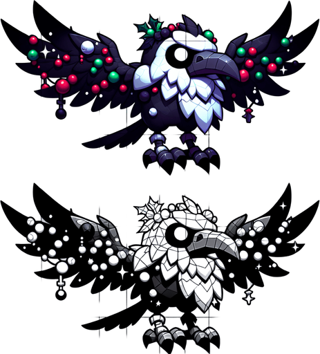 evil flying cartoon raven, sideview, christmas style Single Game Texture. In-Game asset. 2d. Blank background. High contrast. No shadows.