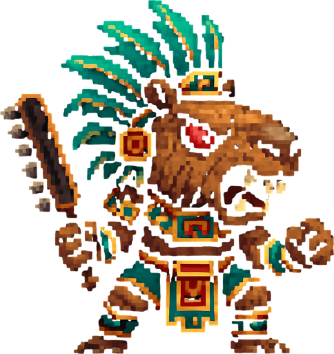 Genérame una Capibara guerrero azteca con eso patrones, estilo pixelar, con una apariencia maligna, ojos rojos, rabioso. Unidad cuerpo a cuerpo. Animal.
In-Game asset.  2d.  High contrast.  No shadows