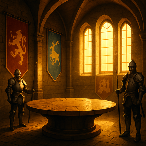 A medieval council chamber with a round oak table, banners of noble houses, armored guards, high windows filtering in golden light, reailstic.
In-Game asset.  2d.  High contrast.  No shadows