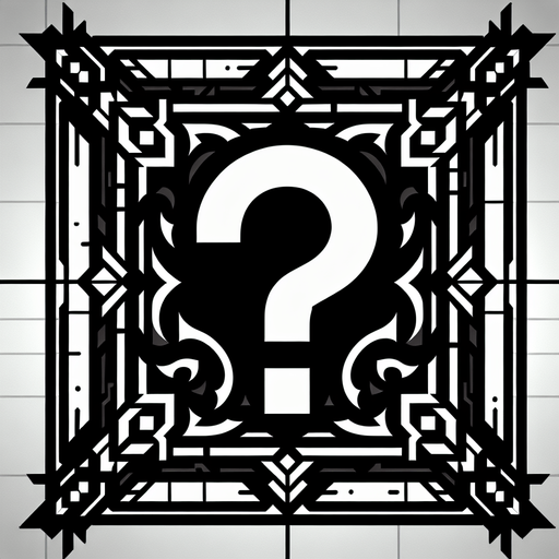 black gothic frame with a question mark inside silhouette.
Single Game Texture. In-Game asset. 2d. Blank background. High contrast. No shadows.