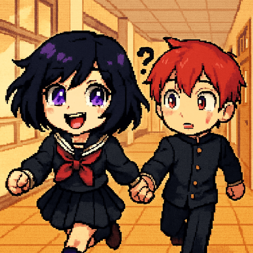 A cute anime-style girl with an emo aesthetic and striking purple eyes wears a traditional Japanese school uniform (sailor fuku). With a wide, toothy smile and sparkling eyes full of excitement, she runs joyfully while holding hands with a sweet red-haired boy with vivid red eyes, dressed in a classic gakuran school uniform. The boy, surprised and slightly flustered, has a question mark floating above his head as he's pulled along by the girl's energy. Behind them stretches a Japanese school hallway, all rendered in a charming Pixel Art style.