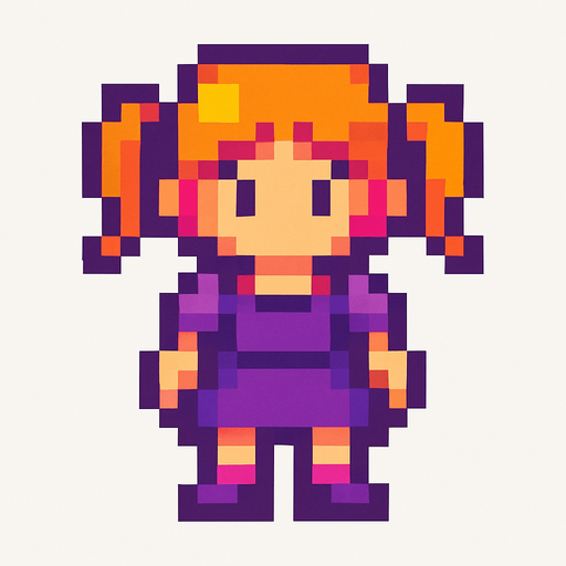 pikselli bir karakter ama kız.
In-Game asset.  2d.  High contrast.  No shadows