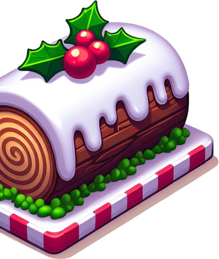 a christmas log cacke. plastic style. Single Game Texture. In-Game asset. 2d. Blank background. High contrast. No shadows.