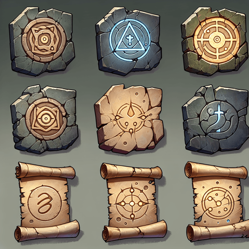 a cracked stone tablet or ancient scroll depicting elemental symbols with a subtle glow..
Single Game Texture.  In-Game asset.  2d.  Blank background.  High contrast.  No shadows