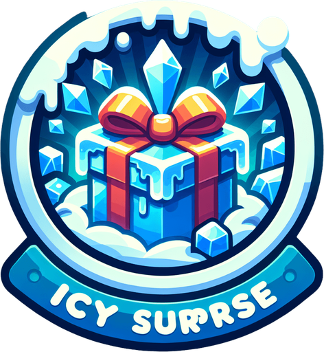 Icon for a froozen christmas present, on a circle, with the text „icy Surprise“ at top, cartoon Single Game Texture. In-Game asset. 2d. Blank background. High contrast. No shadows.