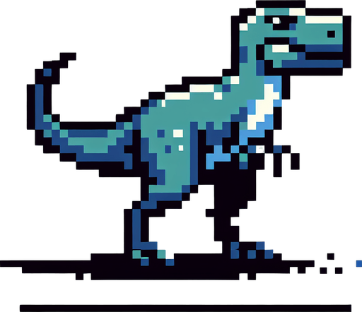 Create a left-facing version, 2d, trex ,pixel art.
Single Game Texture. In-Game asset. 2d. Blank background. High contrast. No shadows.