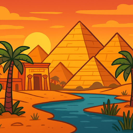 A desert cartoon-style background with pyramids, palm trees, and the Nile river. Add warm sunset tones and Egyptian architectural elements. Great for an Oud-based level..
In-Game asset.  2d.  High contrast.  No shadows