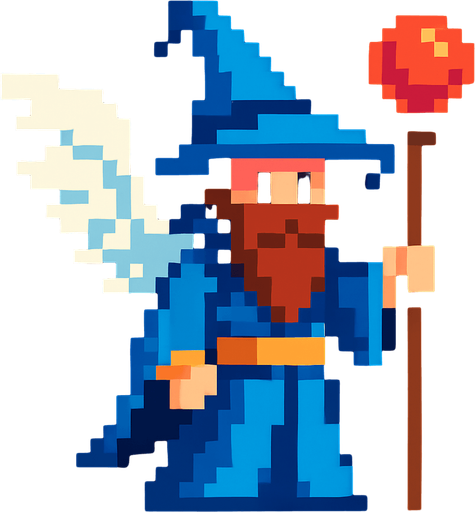 kanatlı piksel büyücü.
In-Game asset.  2d.  High contrast.  No shadows