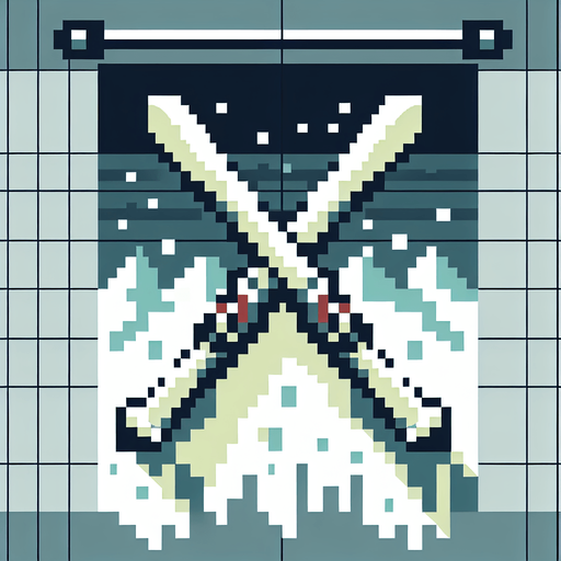 pixel art banner of a pair of skis crossed.
Single Game Texture. In-Game asset. 2d. Blank background. High contrast. No shadows.