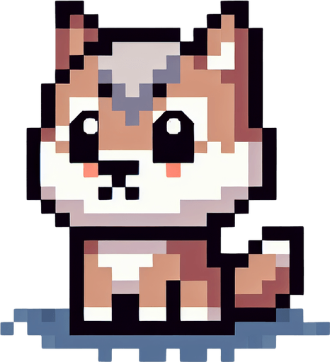 Wolf puppy 8-bit character cute and adorable.
Single Game Texture. In-Game asset. 2d. Blank background. High contrast. No shadows.