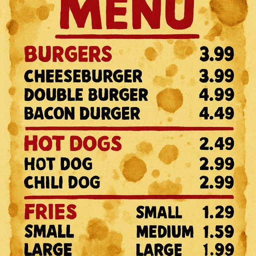 a greasy fast food styled menu with stains.
In-Game asset.  2d.  High contrast.  No shadows