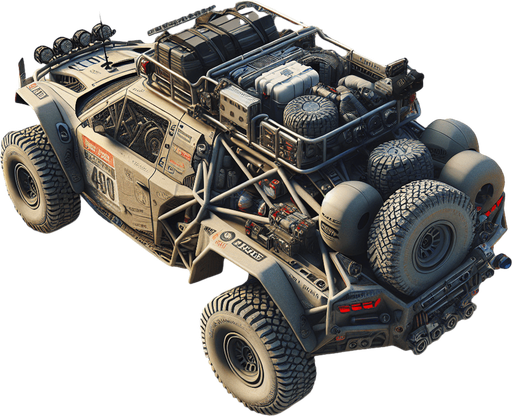 Photorealistic Cross-Country Dakar-Rally-Car from topback view.