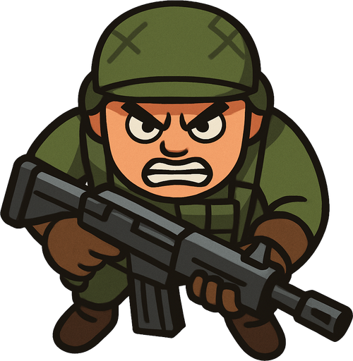 Yukardan bakış asker ve yüz ekle sinirli.
Elinde büyük bir silah var In-Game asset.  2d.  High contrast.  No shadows