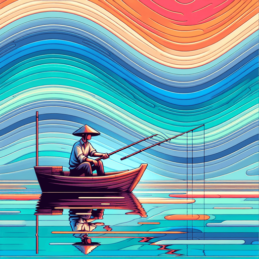 Man fishing on boat.
Single Game Texture.  In-Game asset.  2d.  Blank background.  High contrast.  No shadows
