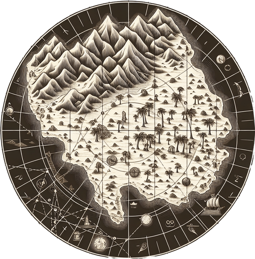 ancient nautical chart.
Single Game Texture. In-Game asset. 2d. Blank background. High contrast. No shadows.
