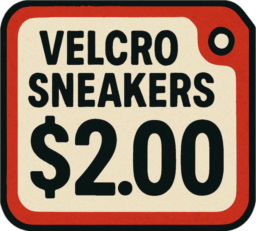 Price tag that says Velcro sneakers $2.00.
In-Game asset.  2d.  High contrast.  No shadows