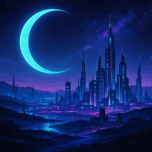 landscape of a furturistic world by night