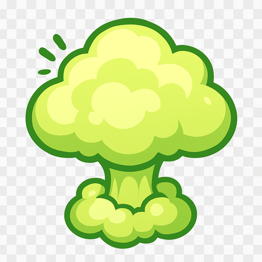 Top-down view of a cartoon-style fart cloud shaped like a small nuclear explosion, soft puffy smoke, exaggerated mushroom shape, playful and funny, light greenish tint, stylized for a colorful top-down mobile game, clear outline, transparent background.
In-Game asset.  2d.  High contrast.  No shadows