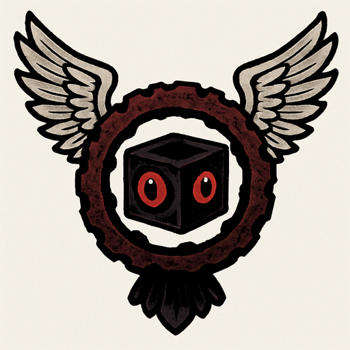 Alas: Tiene un par de grandes alas emplumadas de color gris claro o blanco, similares a las de un ángel o un grifo, que se extienden prominentemente hacia los lados.

Aro dentado/rueda: En el centro del ser hay un gran aro o rueda de color oscuro, posiblemente marrón rojizo o burdeos, con una textura rugosa o dentada, como si estuviera hecho de metal corroído o material orgánico. Este aro tiene aberturas o huecos irregulares a lo largo de su perímetro.

Cubo central: Dentro del aro, hay un objeto cúbico, de apariencia más pequeña que el aro, de color oscuro (posiblemente negro o morado muy oscuro). En cada una de las caras visibles de este cubo hay lo que parecen ser ojos rojos brillantes con pupilas oscuras, lo que le da un aspecto vigilante o inquietante..
In-Game asset.  2d.  High contrast.  No shadows