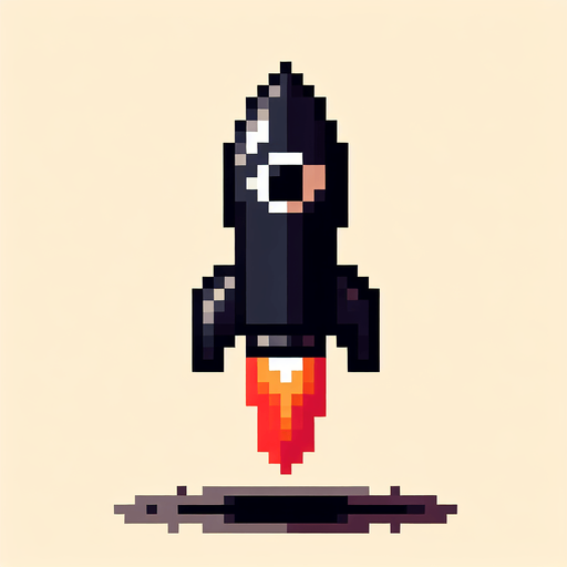 8 bit image black rocket with fire tail.
Single Game Texture.  In-Game asset.  2d.  Blank background.  High contrast.  No shadows