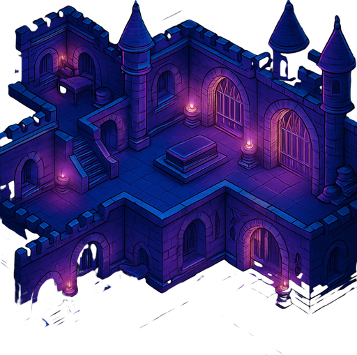 Top down isometric neon cyberpunk castle mansion interior dungeon background large