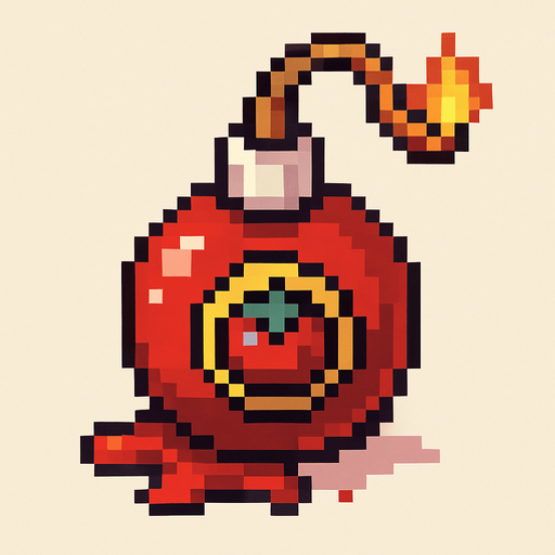Pixel art of a red ketchup bottle turned into a bomb, with a fuse and tomato sauce leaking out. Small item, cartoonish and fun, pixel style.
In-Game asset.  2d.  High contrast.  No shadows