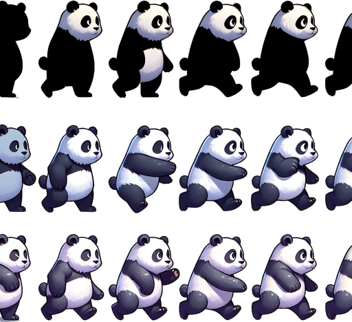 ayakta koşan bir pandanın farklı anları.
Single Game Texture. In-Game asset. 2d. Blank background. High contrast. No shadows.